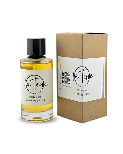 Perfume bottle and packaging with 'la Terre Parfum' branding on a white background